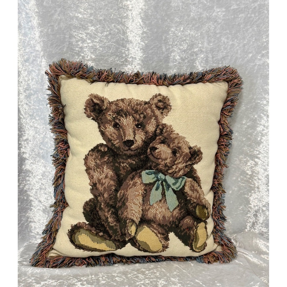 Vintage Dakotah Teddy Bear Woven Tapestry Throw Pillow Fringed Cream 12" x 13" - Picture 7 of 8